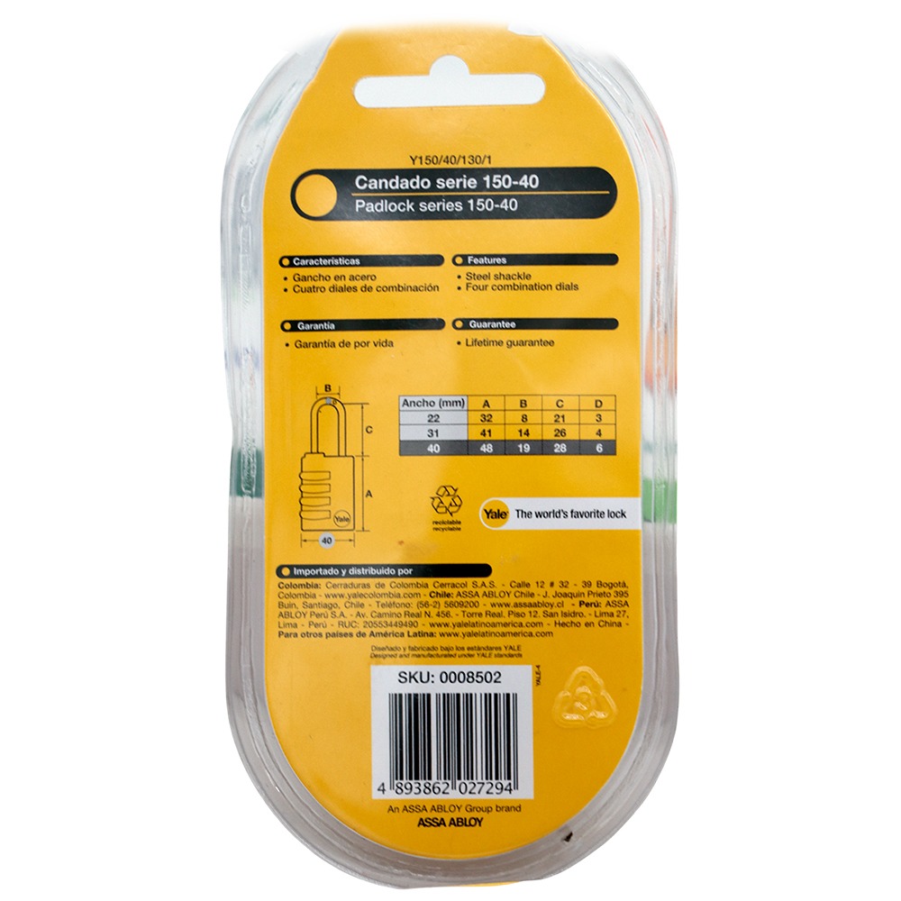 CANDADO COMBINACION LATONADO 40MM YALE 150-40 8502