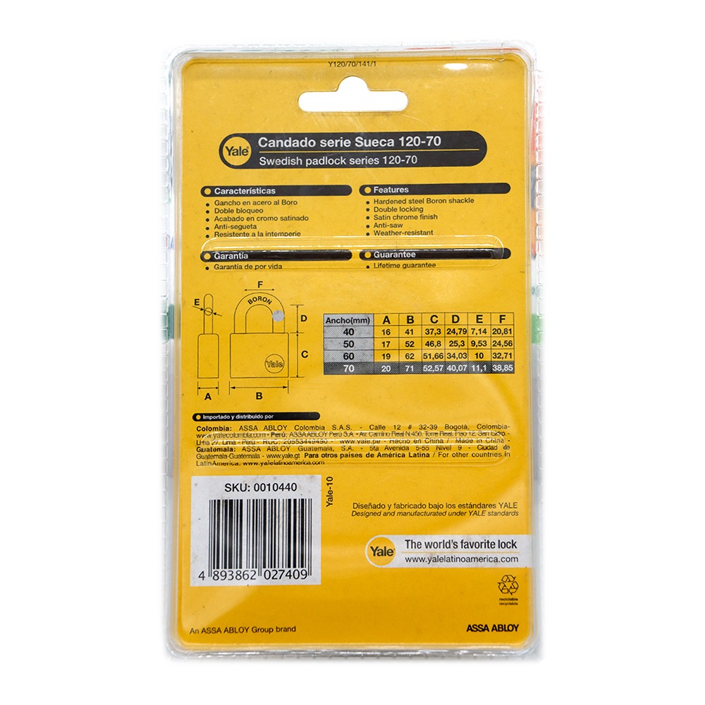 CANDADO ACERO PARA EXTERIOR 70MM YALE 120-70