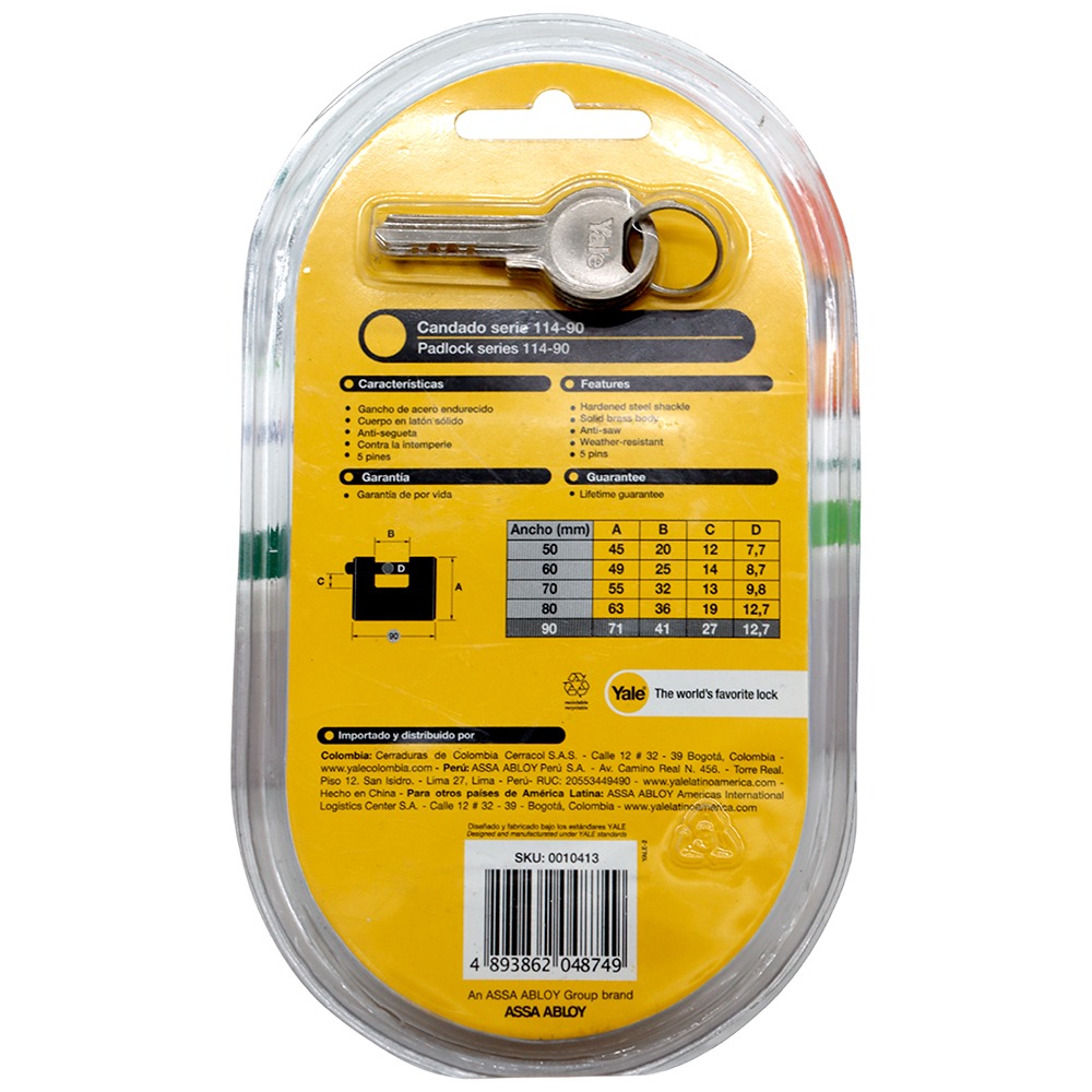 CANDADO RECTANGULAR 90MM YALE 114-90