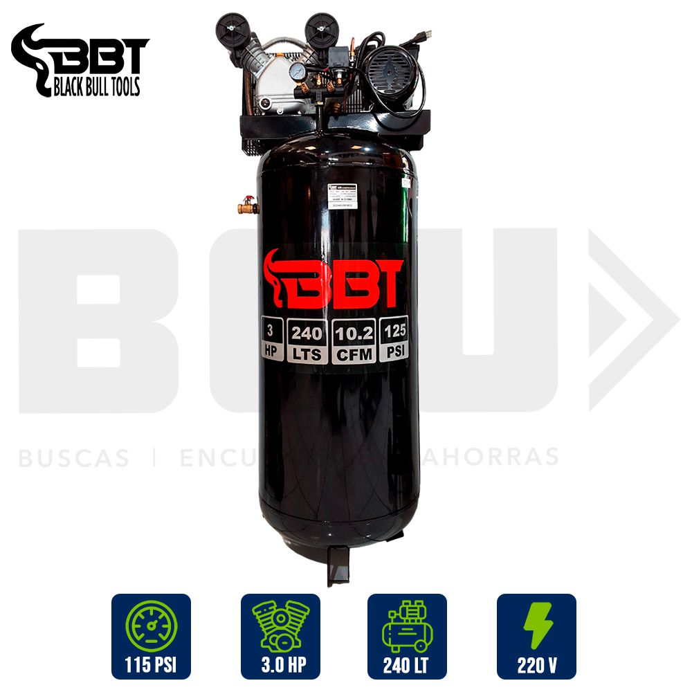 COMPRESOR TECNO CYCLONE VERTICAL 240LTS. 3HP 125PSI 220V 10.2CFM BBT VD65-60G