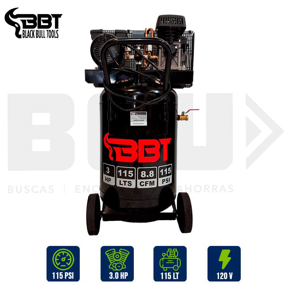 COMPRESOR TECNO CYCLONE VERTICAL 115LTS. 3HP 115PSI 110V 8.8CFM BBT ZA55-115