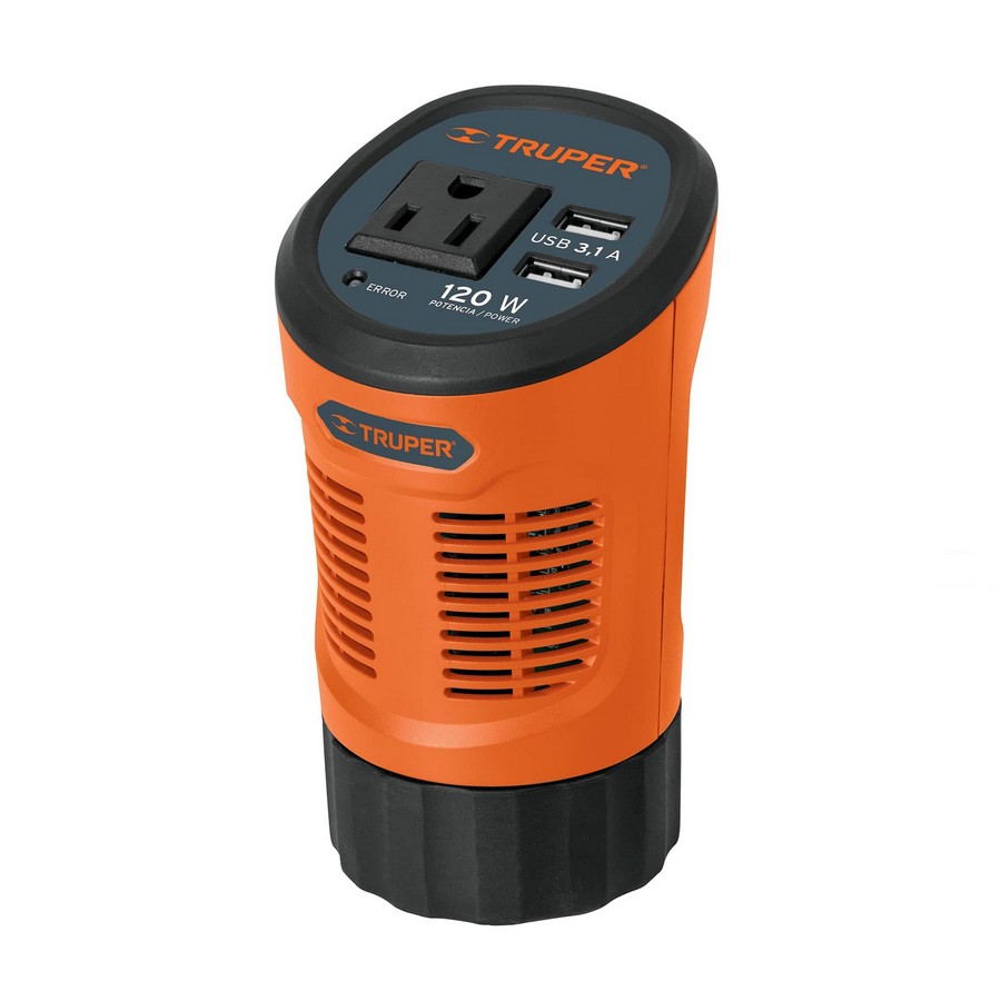 CONVERTIDOR DE CORRIENTE DE 12V A 120V CON 2 PUERTO USB 120W TRUPER 15725