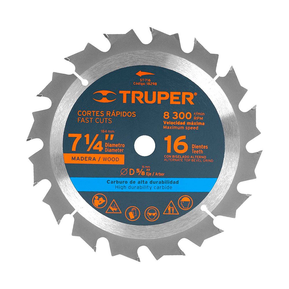 DISCO PARA SIERRA CIRCULAR TUNGS. TRUPER 7 1/4 X 5/8 X 16D (18298)