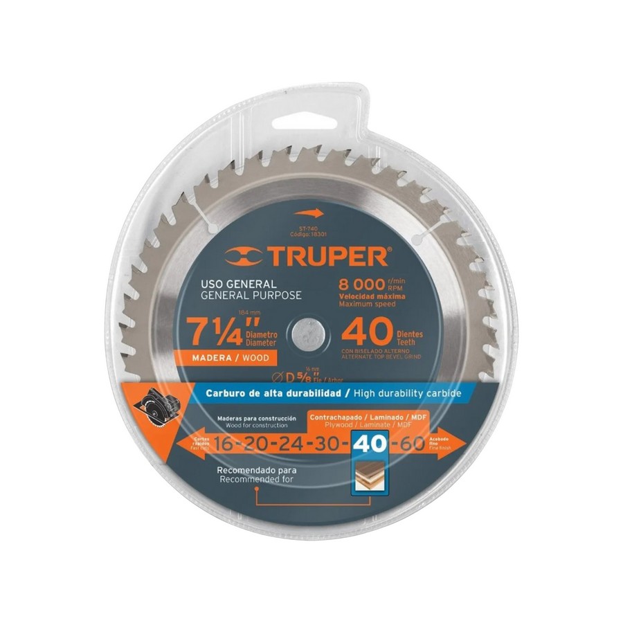 DISCO PARA SIERRA CIRCULAR TUNGS. TRUPER 7 1/4 X 5/8 X 40D (18301)