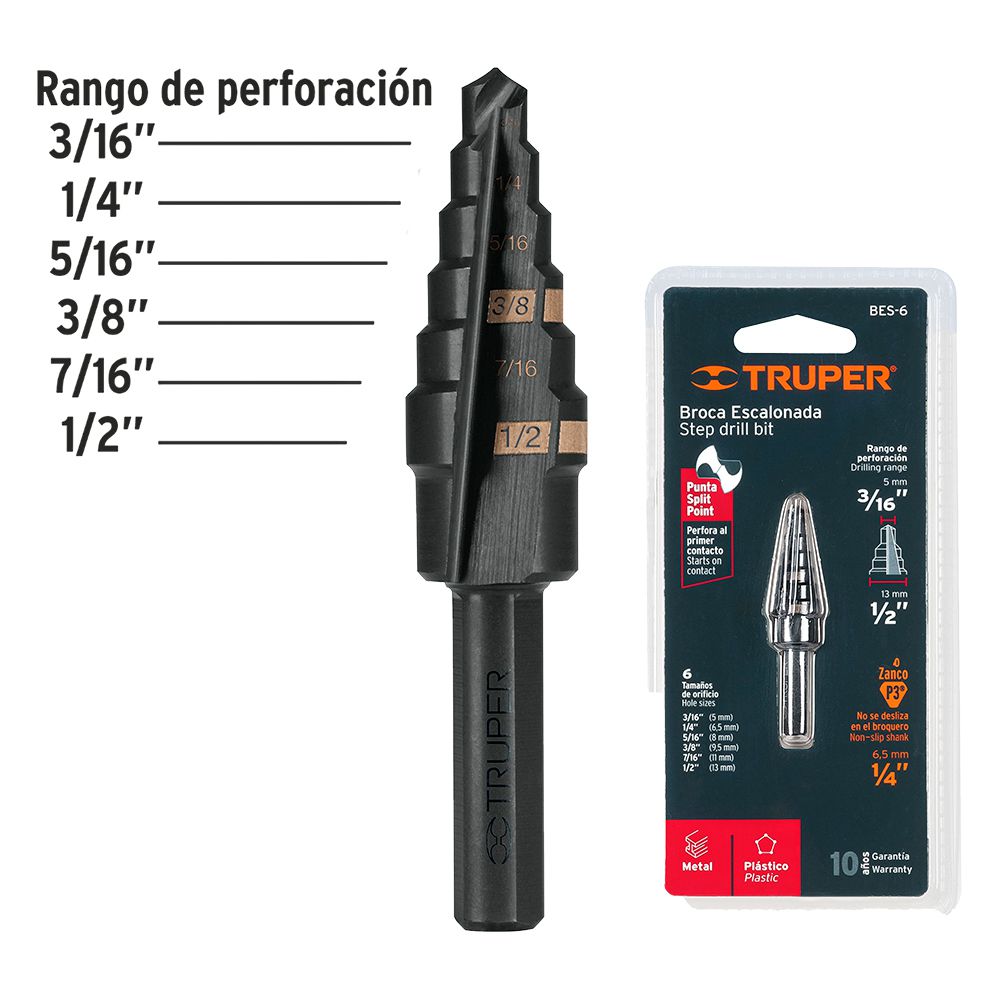 BROCA ESCALONADA MULTIUSO HSS 3/16 PULG - 1/2 PULG TRUPER 12120