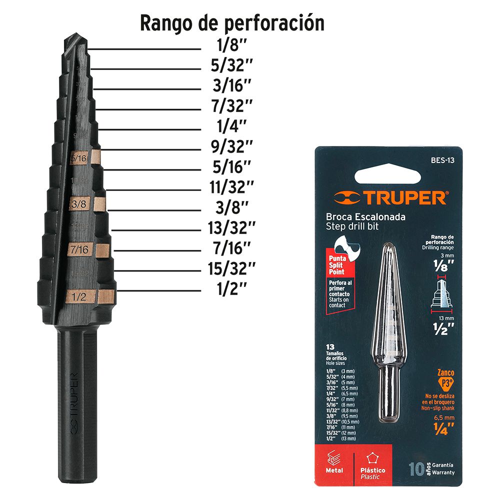 BROCA ESCALONADA MULTIUSO HSS 1/8 PULG - 1/2 PULG TRUPER 12122