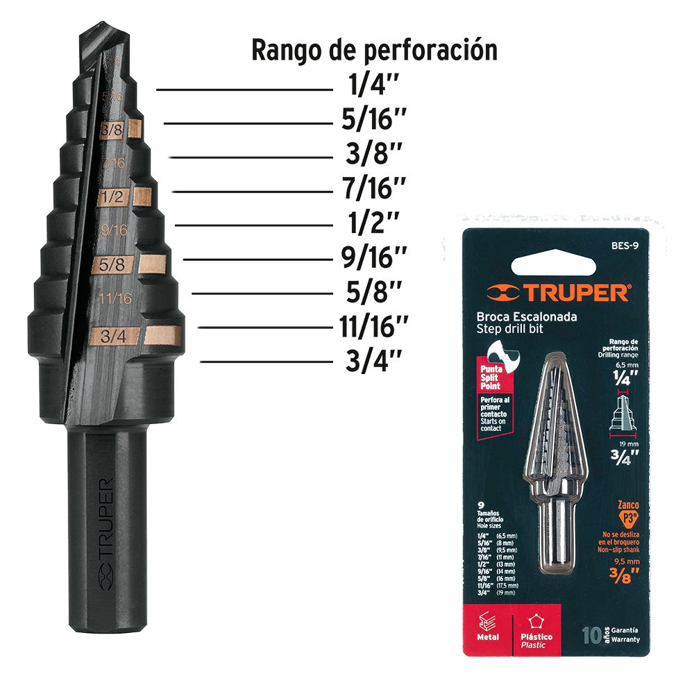 BROCA ESCALONADA MULTIUSO HSS 1/4 PULG - 3/4 PULG TRUPER 12123