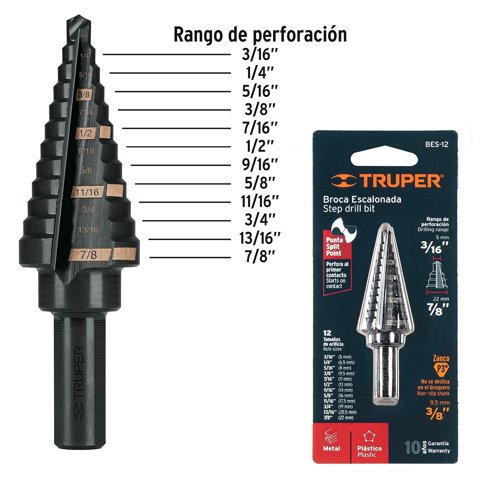 BROCA ESCALONADA MULTIUSO HSS 3/16 PULG - 7/8 PULG TRUPER 12125