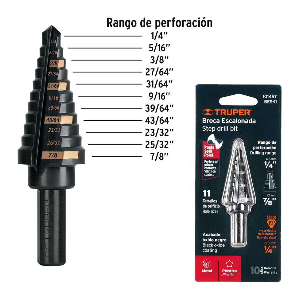 BROCA ESCALONADA MULTIUSO HSS 1/4 PULG - 7/8 PULG TRUPER 101457