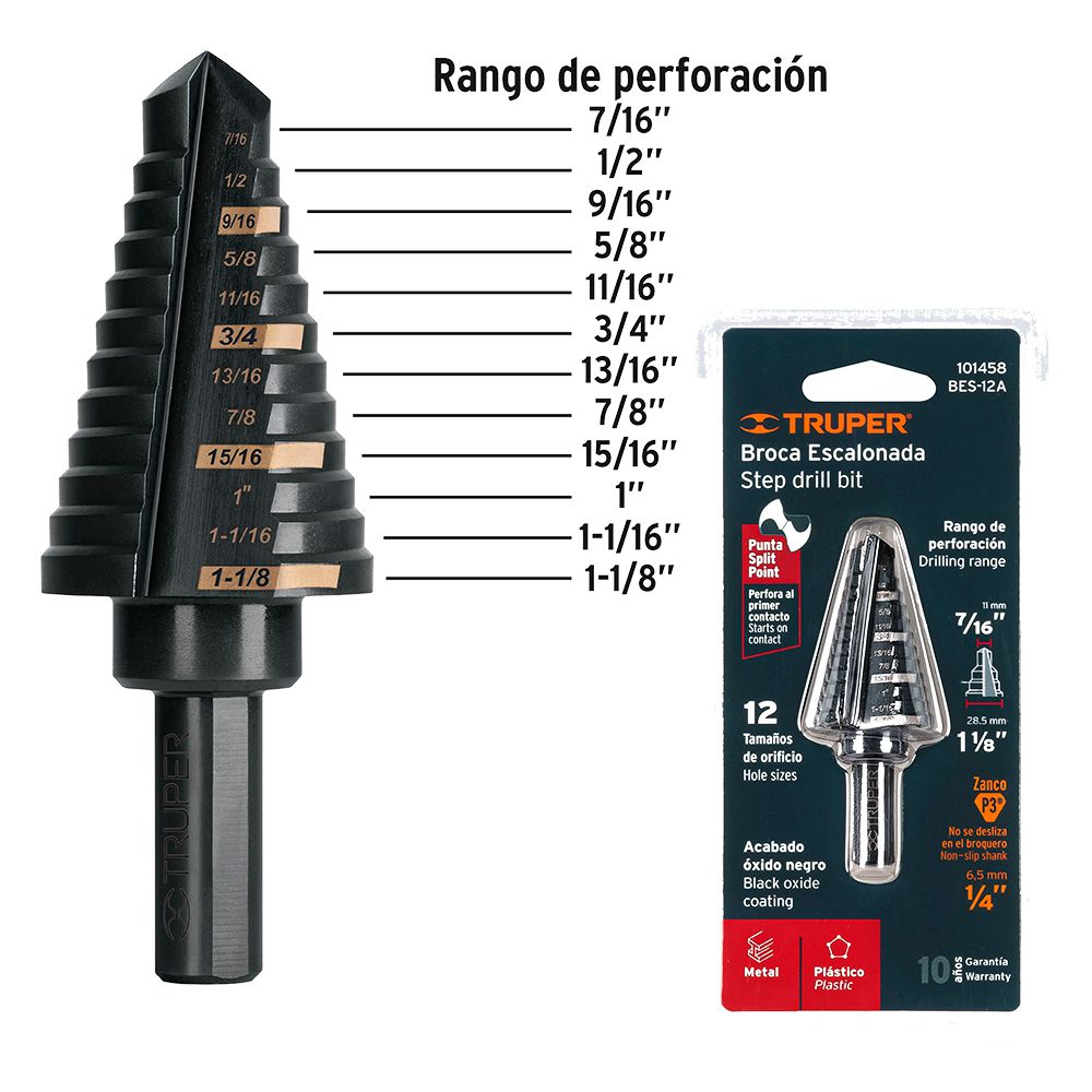 BROCA ESCALONADA MULTIUSO HSS 7/16 PULG - 1 1/8 PULG TRUPER 101458