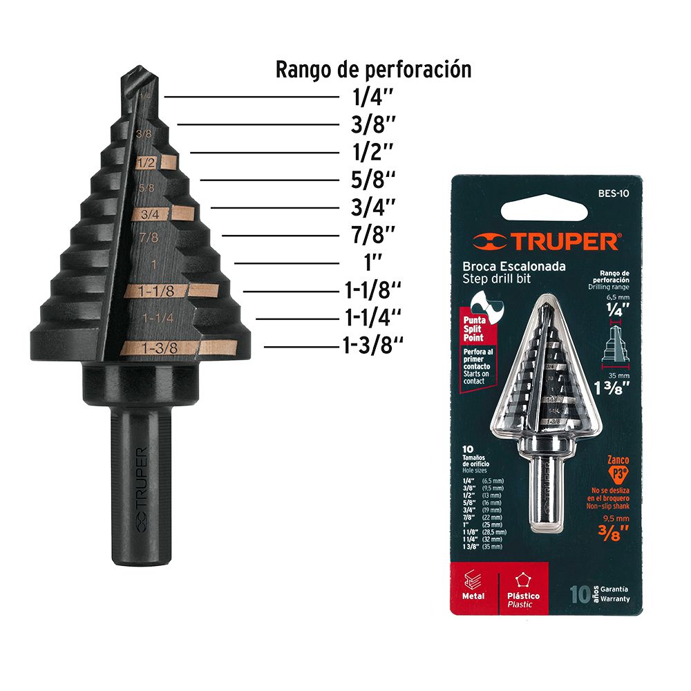 BROCA ESCALONADA MULTIUSO HSS 1/4 PULG - 1 3/8 PULG TRUPER 12126 ...