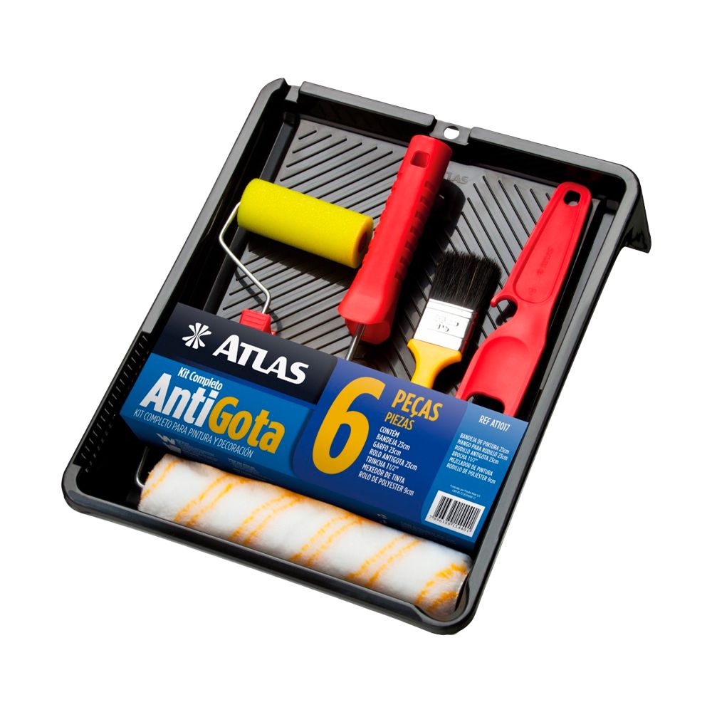 KIT DE 6 PZAS. ANTIGOT. 2 RODILLOS + BANDEJA + BROCHA + MEZCLADOR PINT. ATLAS AT1017