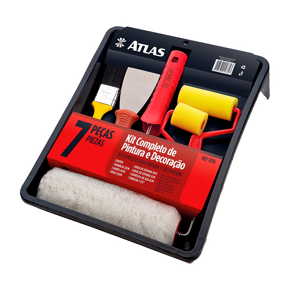 KIT DE 7 PZAS. 3 RODILLOS + BANDEJA + BROCHA + ESPATULA ATLAS AT1016