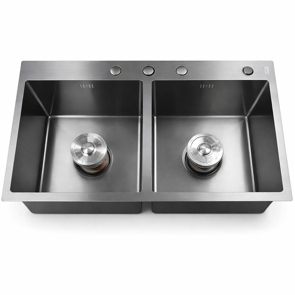 FREGADERO ACERO INOX. NEGRO MATE 2 DEP. 31.8X17PULG (DESAGUE+DRENAJE+DIPENSADOR) AQUAFINA A-8143B