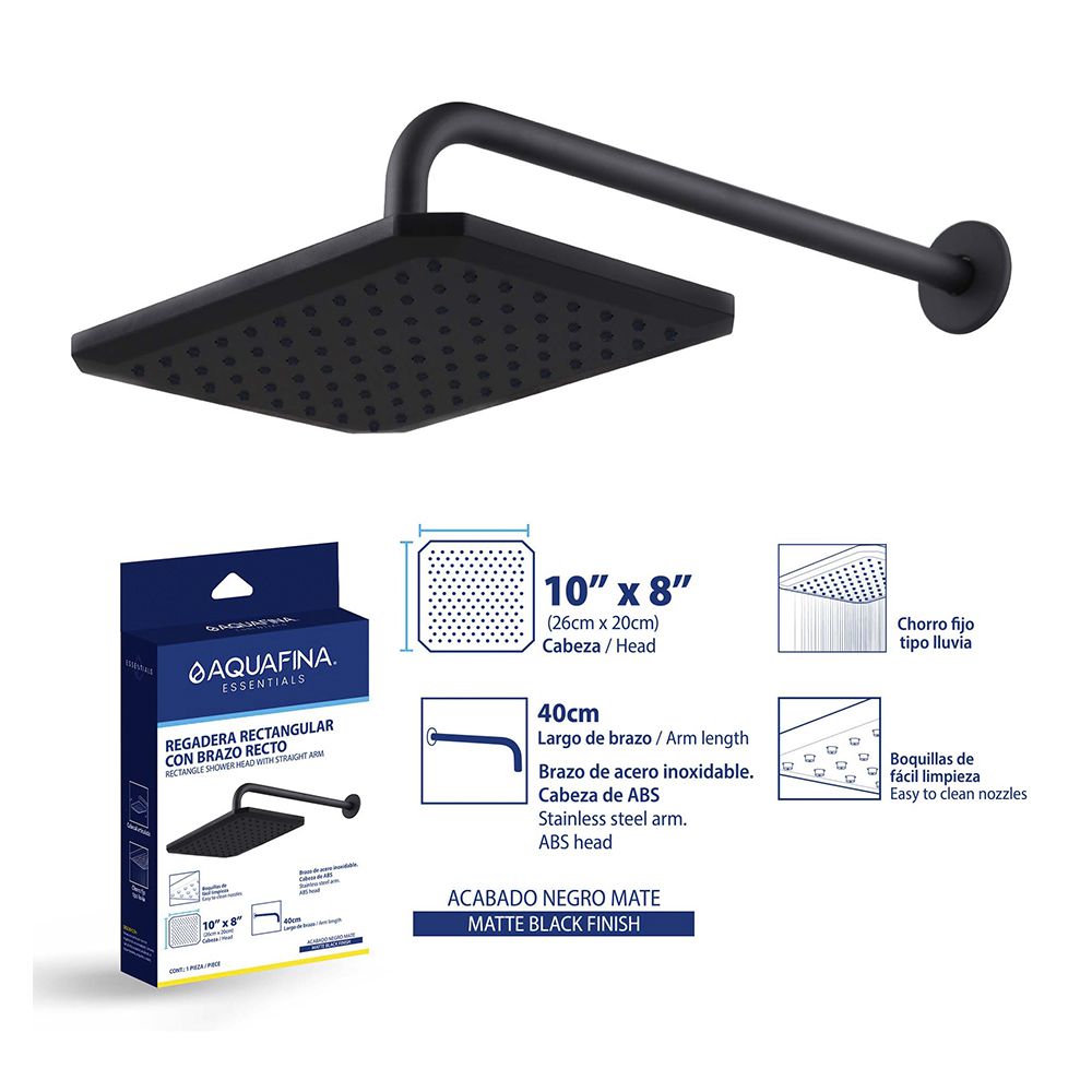 REGADERA RECTAGULAR 10X8PULG CON NIPLE NEGRO MATE AQUAFINA A-SHRE10X8-2