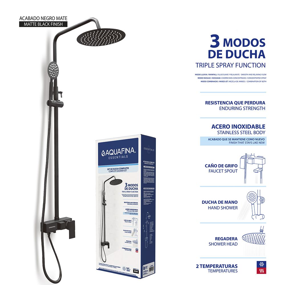 SET DUCHA ACERO INOX. NEGRO MATE COMPLETO (REGADERA+MANECILLA+TELEF.) A-CSSR-1