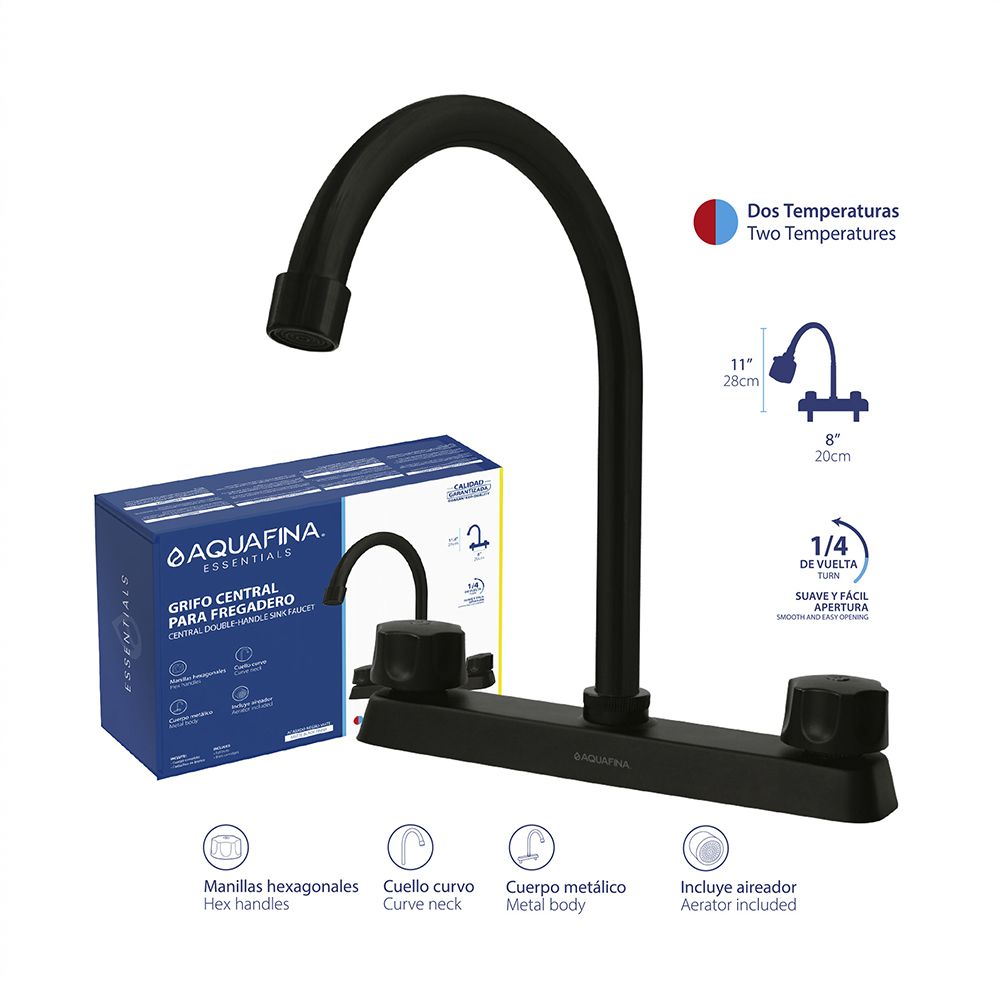 MEZCLADOR PARA FREGADERO CUELLO LARGO NEGRO MATE AQUAFINA A-GSZ806-B