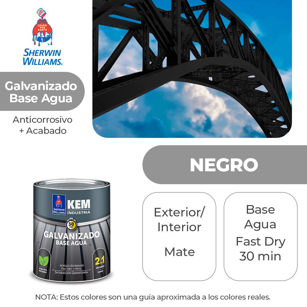 PINTURA KEM PARA METALES GALVA. BASE AGUA MATE NEGRO 1/4 SHERWIN B52BSA1-1/4