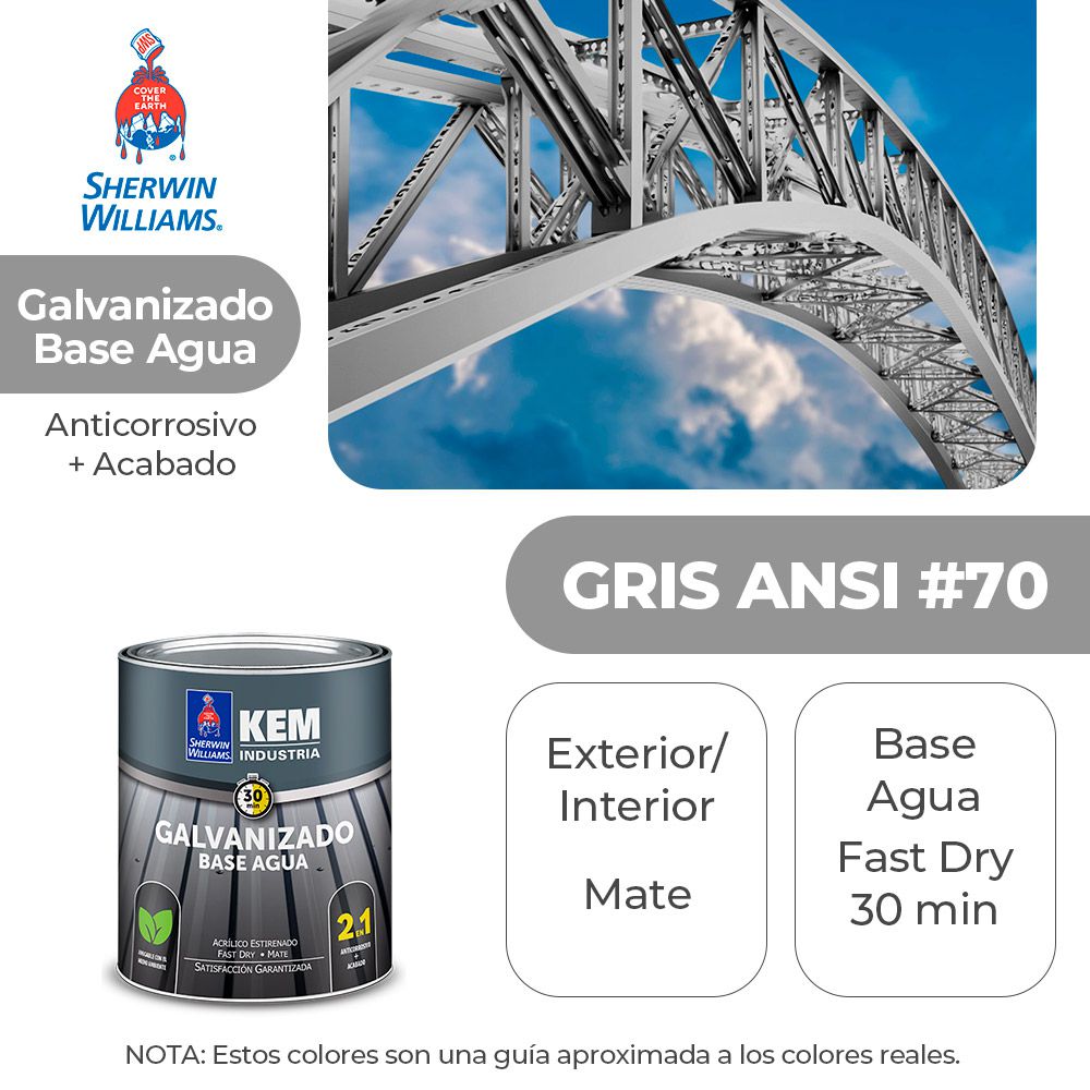 PINTURA KEM PARA METALES GALVA. BASE AGUA MATE GRIS ANSI #70 1/4 SHERWIN B52ASA5-1/4