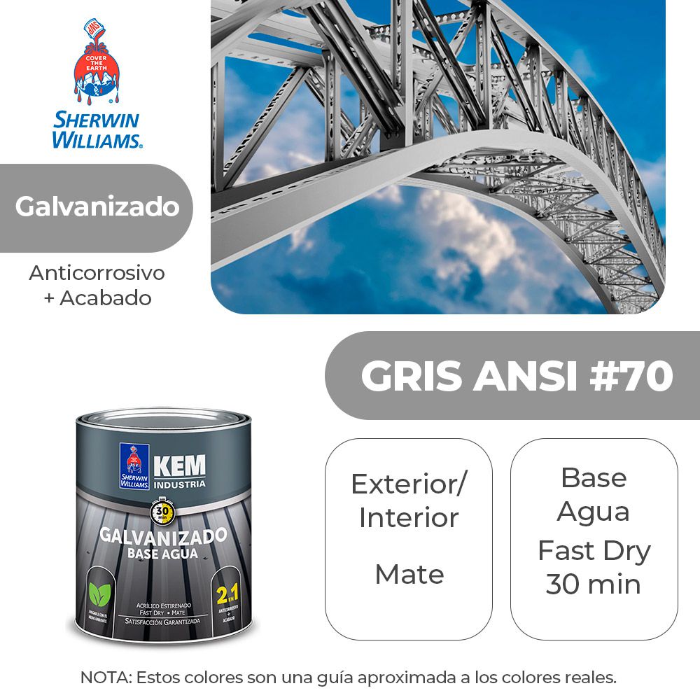 PINTURA KEM PARA METALES GALVA. BASE AGUA MATE GRIS ANSI #70 1/4 SHERWIN B52ASA5-1/4