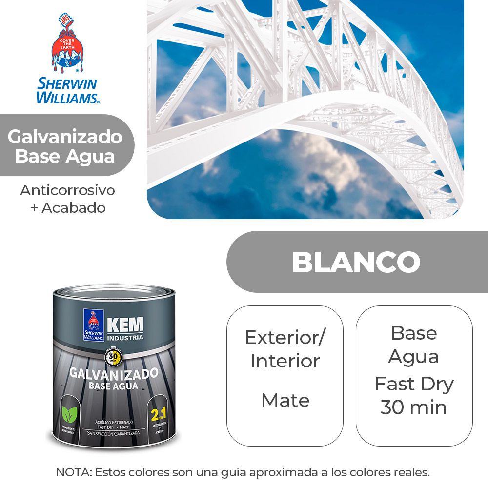 PINTURA KEM PARA METALES GALVA. BASE AGUA MATE BLANCO 1/4 SHERWIN B52WSA1-1/4