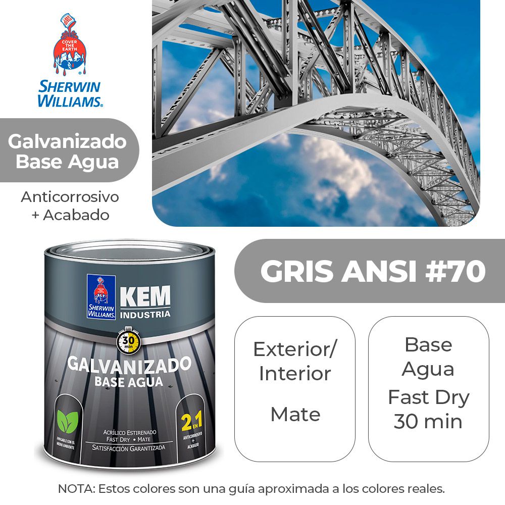 PINTURA KEM PARA METALES GALVA. BASE AGUA MATE GRIS ANSI #70 GALON SHERWIN B52ASA5-1