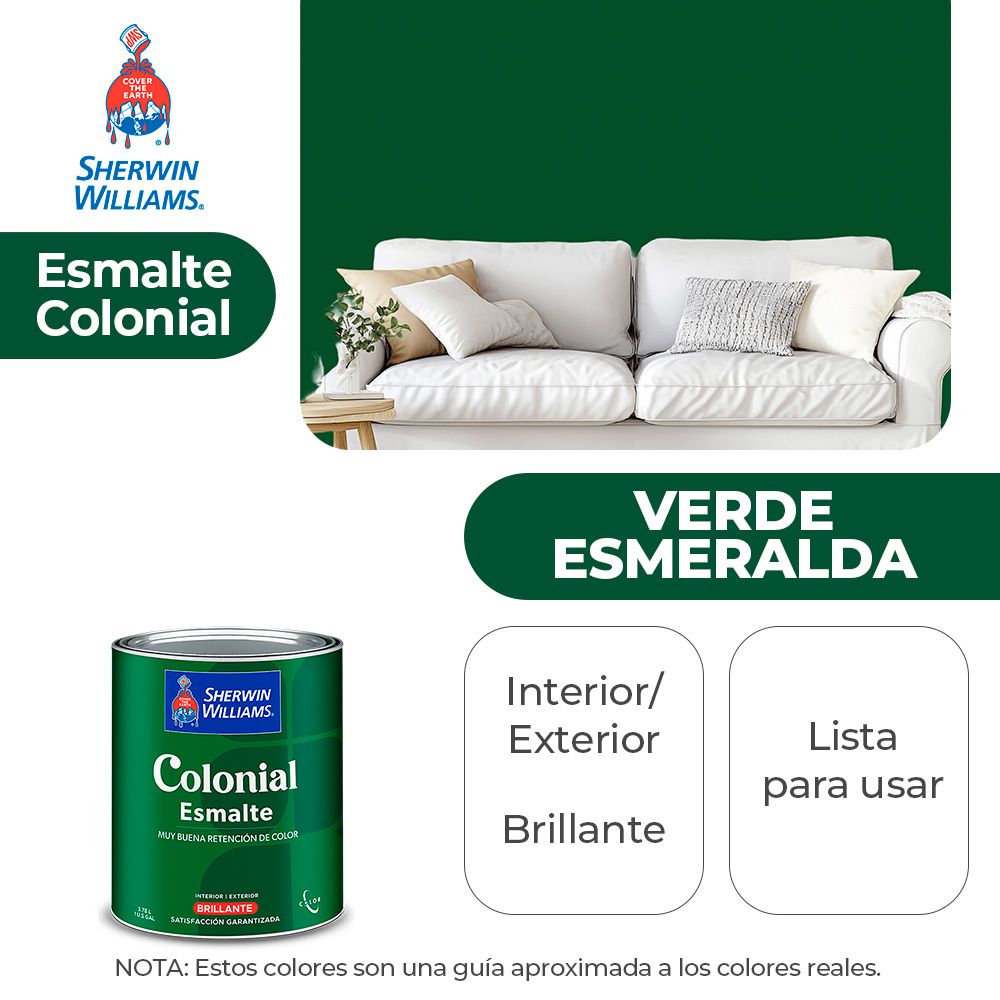 COLONIAL STYLE INT. Y EXT. BRILLO ESMALTE VERDE ESMERALDA 1/4 SHERWIN B82GSA13-1/4