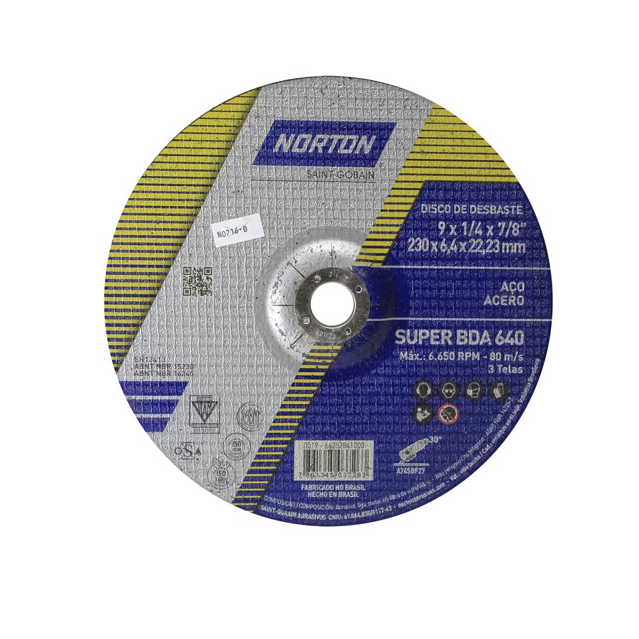DISCO PARA METAL NORTON DESBASTE CONICO T27 6.4MM X 9 BDA640/BDA600