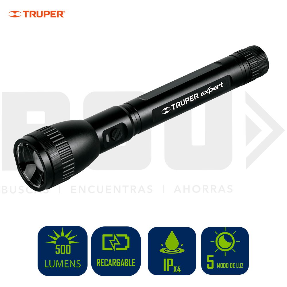 LAMPARA DE MANO ALUMINIO RECARGABLE 500LM TRUPER 16779