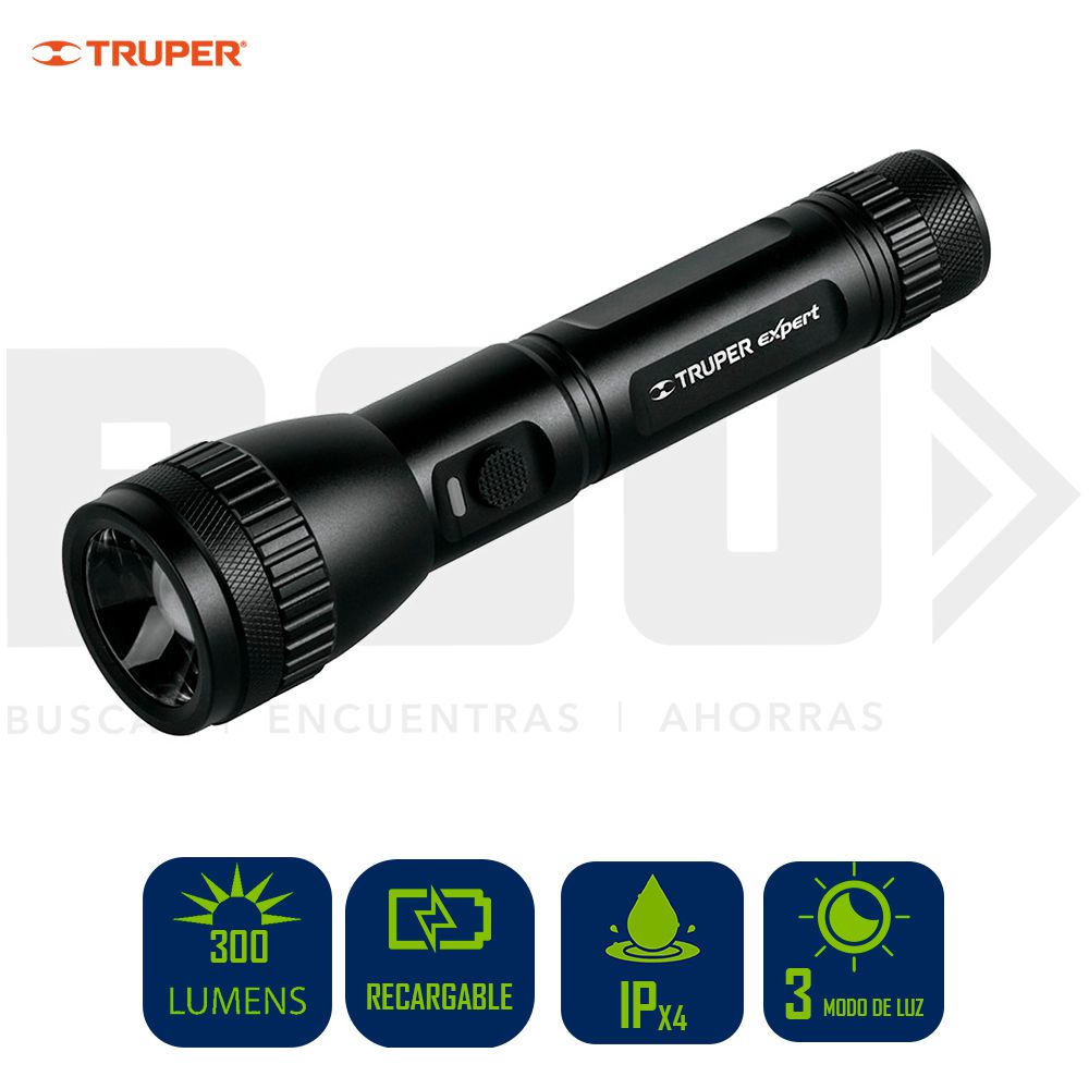 LAMPARA DE MANO ALUMINIO RECARGABLE 300LM TRUPER 16778
