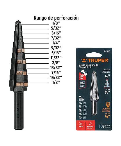BROCA ESCALONADA MULTIUSO HSS 1/8 PULG - 1/2 PULG TRUPER 12122