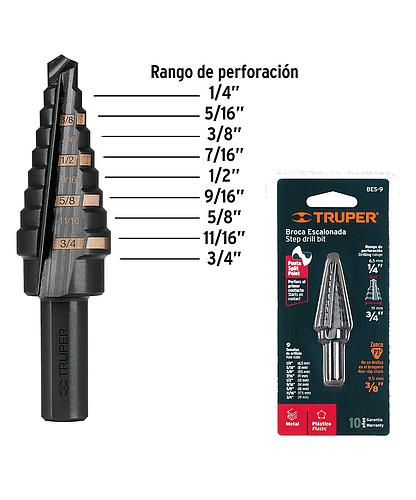 BROCA ESCALONADA MULTIUSO HSS 1/4 PULG - 3/4 PULG TRUPER 12123