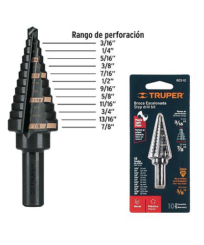 BROCA ESCALONADA MULTIUSO HSS 3/16 PULG - 7/8 PULG TRUPER 12125