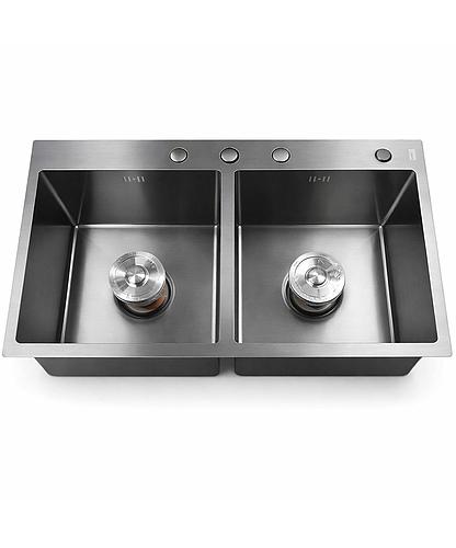 FREGADERO ACERO INOX. NEGRO MATE 2 DEP. 31.8X17PULG (DESAGUE+DRENAJE+DIPENSADOR) AQUAFINA A-8143B