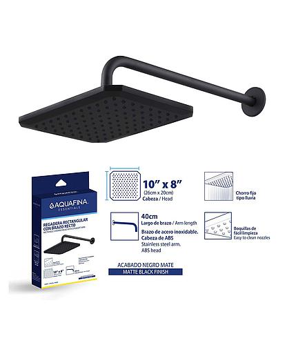 REGADERA RECTAGULAR 10X8PULG CON NIPLE NEGRO MATE AQUAFINA A-SHRE10X8-2