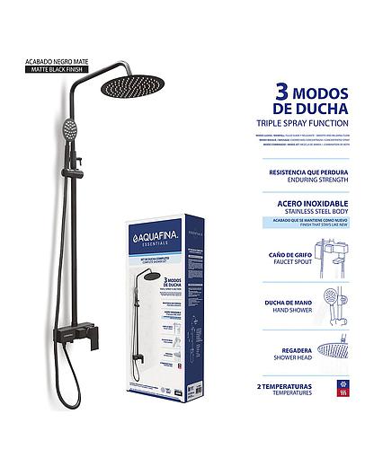 SET DUCHA ACERO INOX. NEGRO MATE COMPLETO (REGADERA+MANECILLA+TELEF.) A-CSSR-1